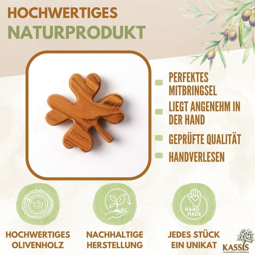 Kleeblatt Handschmeichler aus Olivenholz | Glücksbringer als Geschenk