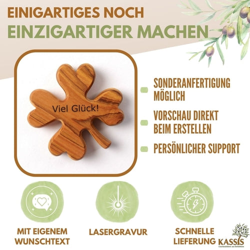 Kleeblatt Handschmeichler aus Olivenholz | Glücksbringer als Geschenk